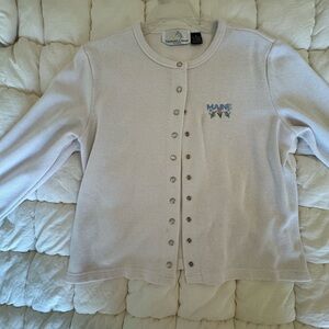Cream Snap-Front Cardigan with Maine Embroidery